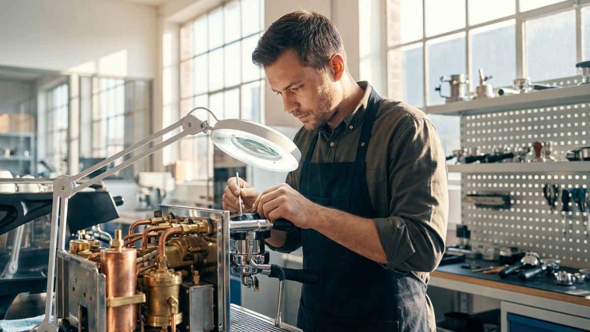 Editorial photography of a high-end coffee equipment maintenance workshop, close-up of a professiona